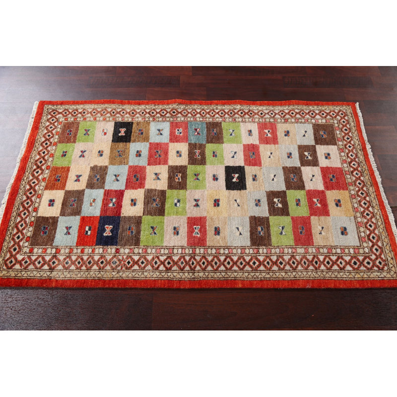 Tapis à carreaux en laine Gabbeh Kashkoli noué à la main 3 x 5