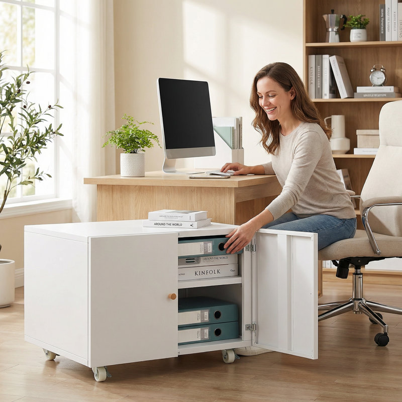 Metal Printer Cabinet with Double Doors and Locking Casters, Steel Storage with Adjustable Shelves for Office, Home, or Garage