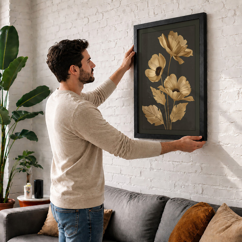 Golden Study Botanical - Framed Print, A2 - 59.4 x 42.0 cm, Oak