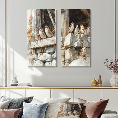 «Sparrows Birds In The Farmyard I», collection d'art sur toile 2 animaux