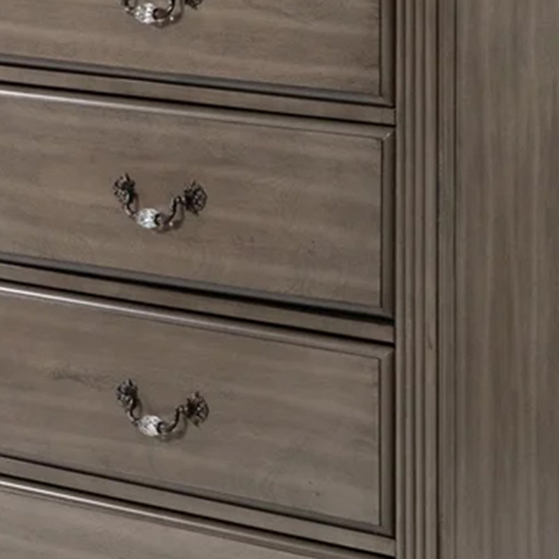 Commode haute Recus, 6 tiroirs avec poignées en laiton, bois massif gris
