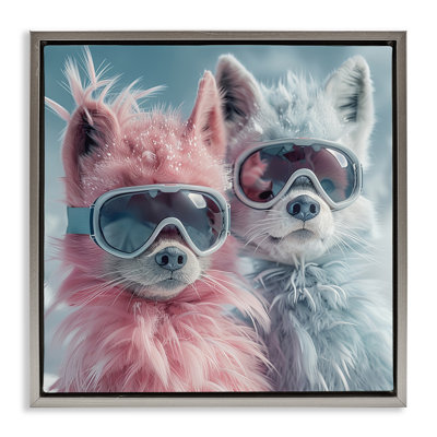 Foxes in Winter Goggles Black Framed Floater Canvas Wall Art by Lazar Studio