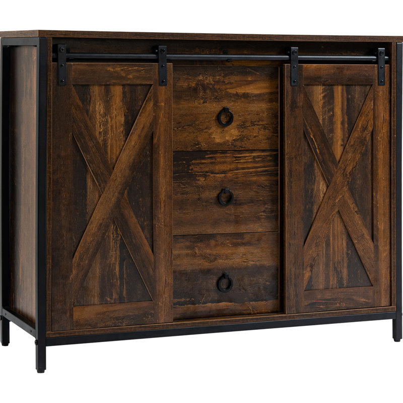 Buffet rustique brun, industriel avec portes coulissantes, trois tiroirs et tablettes réglables - grange 3 tiroirs, pour le magnétisme intérieur