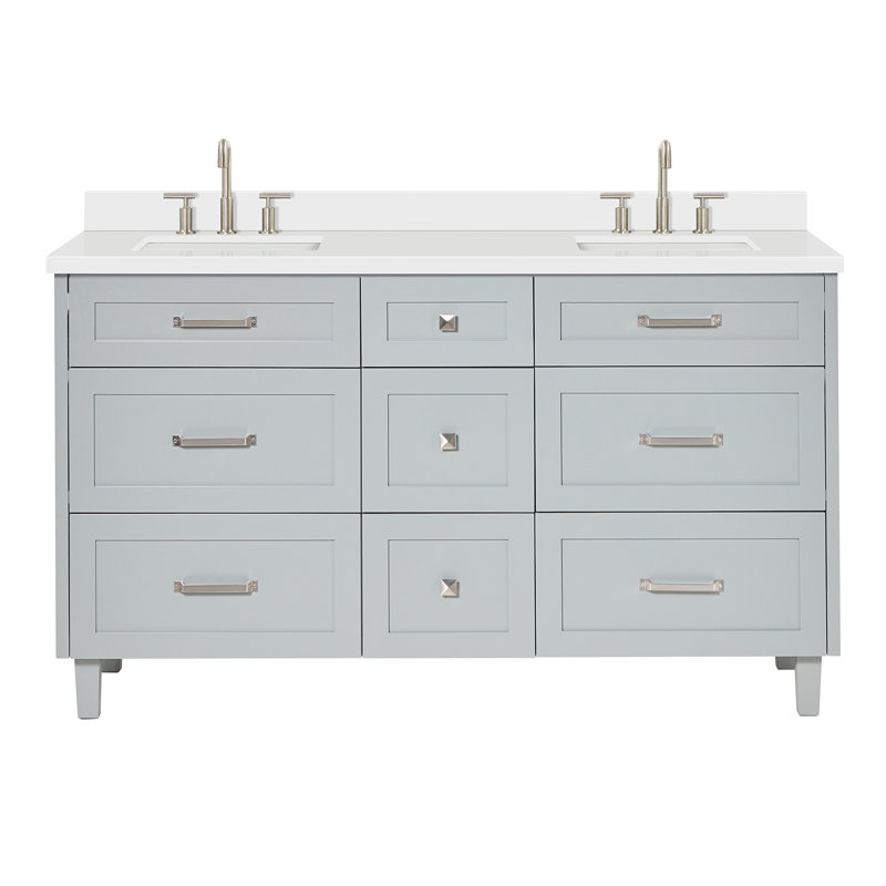 Ariel Monroe 61 Inch Double Rectangular Sink Bathroom Vanity With Pure Quartz Countertop, Oak