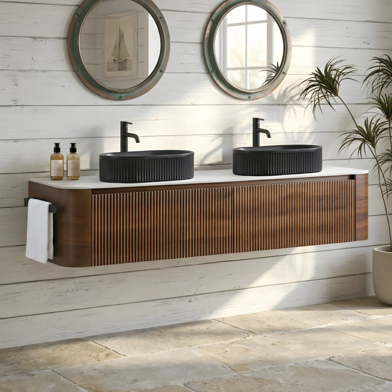 Meuble-lavabo mural de 72 pouces avec lavabo double ovale noir à rayures et tiroirs de rangement, Noyer, 72, Noir