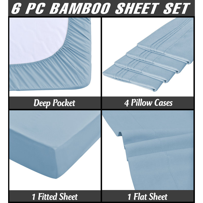 Premium Rayon From Bamboo 6 Pc Sheet Set With Deep Pockets, Cooling, Light Blue, Twin XL Sheet Set with 2 Pillowcases