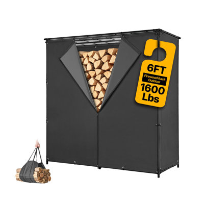 Firewood Rack with Waterproof Cover 6ft 3/8 Cord Outdoor Wood Storage, for Fireplace Patio Deck, 1600 lbs Load Capacity Heavy Duty Fire Log Holder Stacker Stand, Metal Wood Pile Organizer, Black