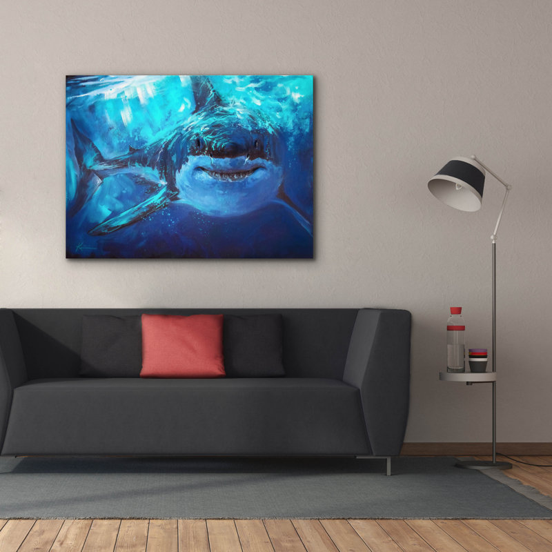 Art mural en toile Epic Graffiti «Deep Blue Great White Shark» par Lindsay Kivi, 54 po x 40 po
