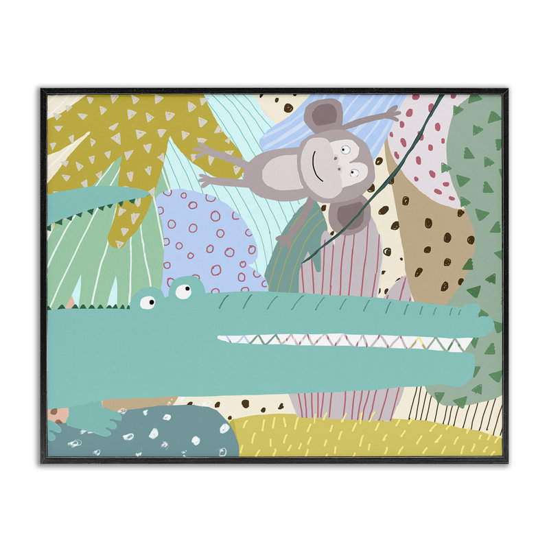 Animaux sauvages dans la jungle à motifs, estampe numérique, design par Carla Daly, Giclée encadrée noir minuit