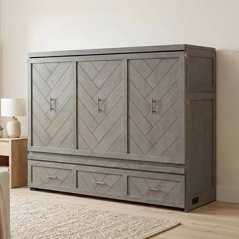 Grand lit escamotable Farmhouse avec station de charge et tiroir de rangement, Gray