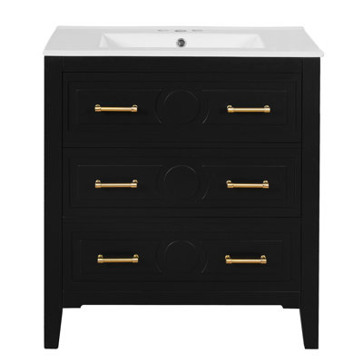 Ensemble de meuble-lavabo simple 30 po avec 3 tiroirs, meuble-lavabo autoportant avec cadre en bois massif 30 po, noir