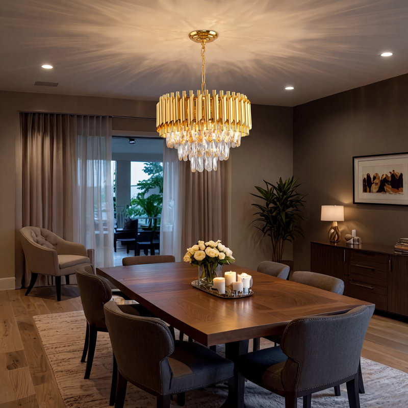 Modern Tiered Crystal Chandelier, Gold/Black, 15.7", E14 Base (No Bulb), Gold