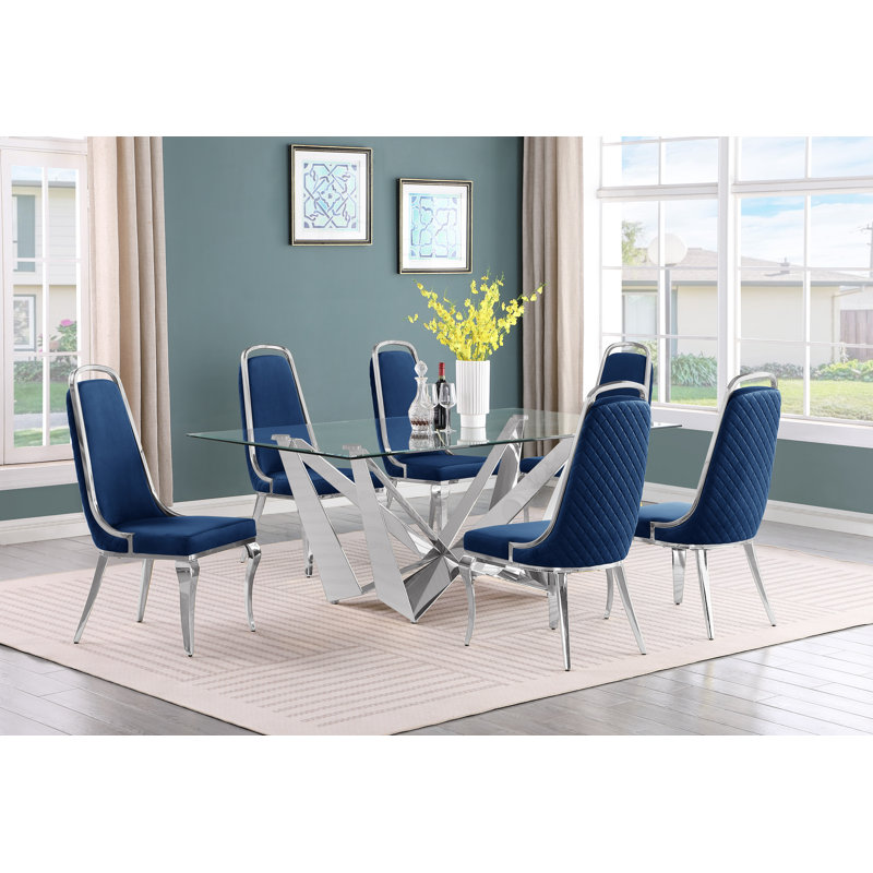 Ensemble de salle à manger rectangulaire L 78 po x l 42 po Keori, Bleu marin / Argent, 7, Argent