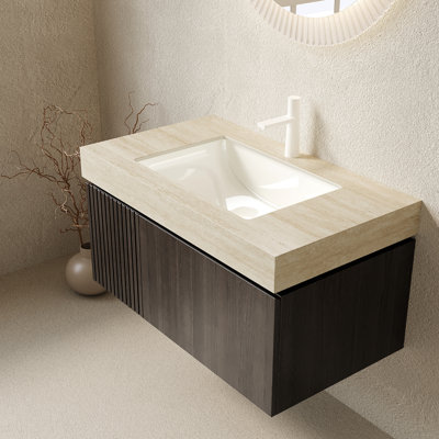 Lavabo de salle de bain 36 po, armoire en contreplaqué flottant avec tiroir et porte à fermeture en douceur, comptoir en pierre frittée, lavabo en céramique, pré-assemblé, meuble-lavabo beige, finition, couleur