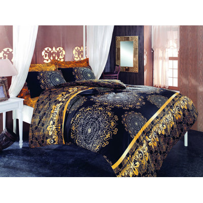 Single Quilt Cover Set (Duvet: 53.1 x 78.7 in, Pillowcase: 31.5 x 31.5 in) | 50% Cotton / 50% Polyester, 127 Thread Count | Machine Washable, Button Closure, Stylish Black, Yellow, Beige & Brown Colors, Cozy & Elegant Design