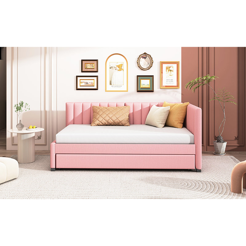 Lit de jour rembourré en lin rose avec lit gigogne simple, sans sommier requis, taille, rose, requis, Rose