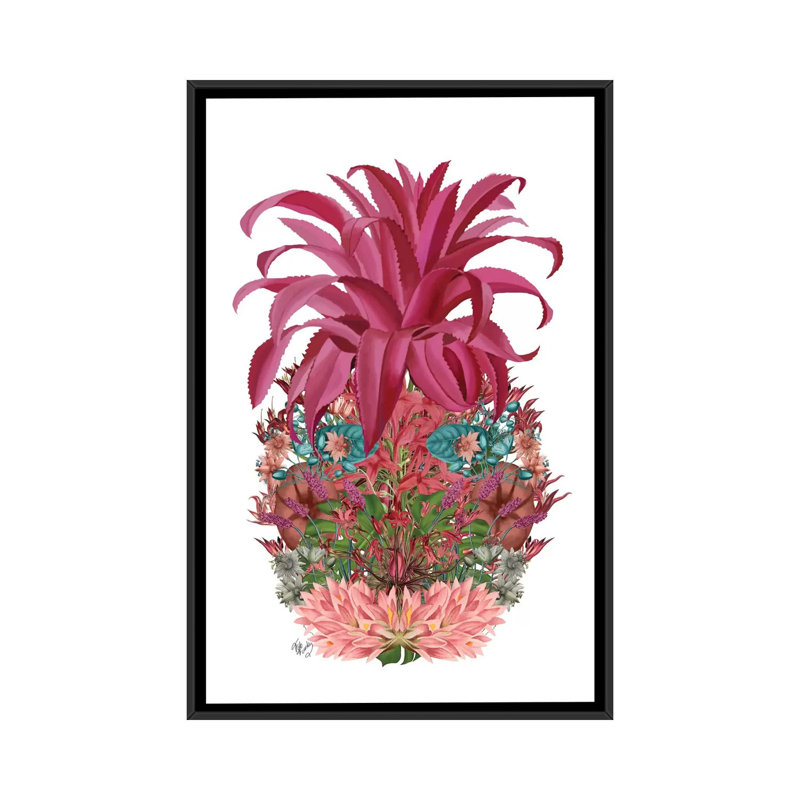 «Floral Pineapple III», impression sur toile, H 26 po x l 18 po x P 1,5 po, Toile avec cadre noir, Pas de tapis