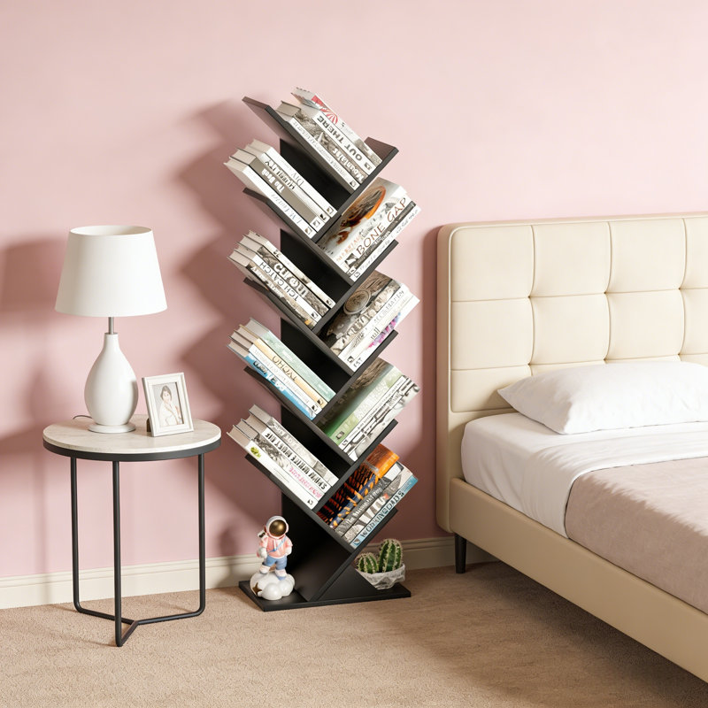 10-Tier Tree-Shaped Bookcase, Freestanding Wooden Bookshelf For Compact Spaces, Storage Organizer Shelving For Books/Cds/Magazines, Floor-Standing Book Rack