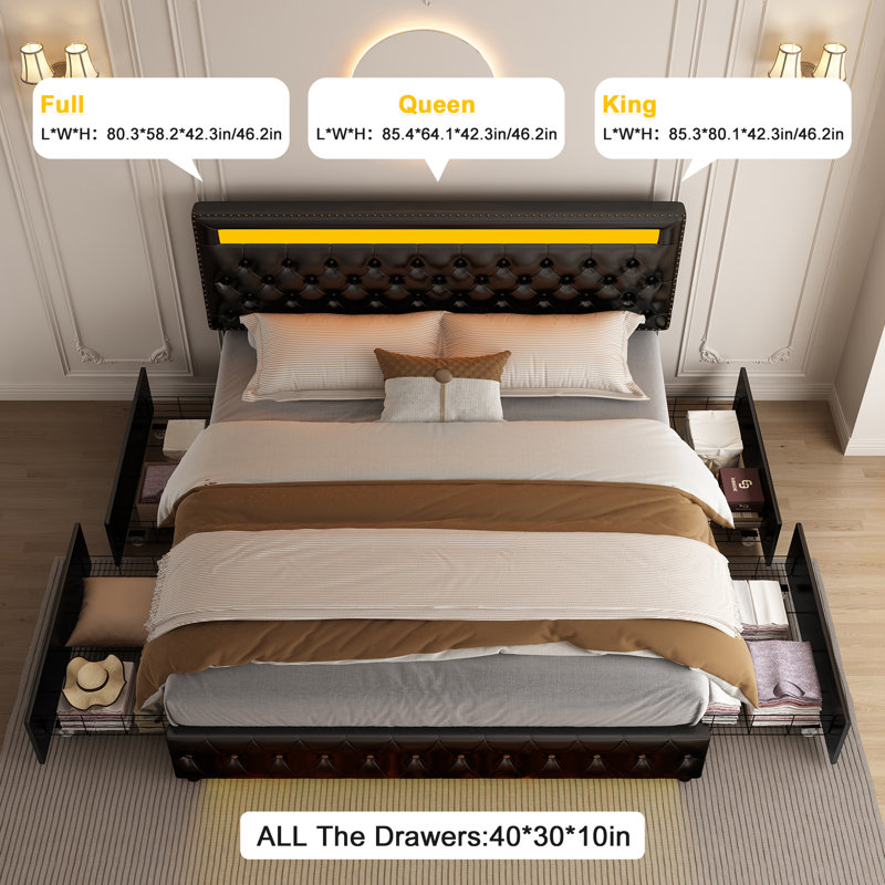 Meliz Modern Upholstered Bed Frame with 4 Bedside Drawers & Smart RGBW LED Lights, No Box Spring Needed, Easy Assembly,