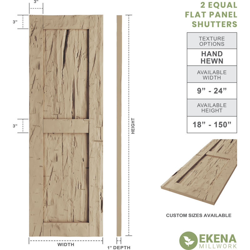 Rustic Two Equal Panel Flat Panel Faux Wood Shutters (Per Pair), Hand Hewn Texture/Primed Tan, 15", 86"