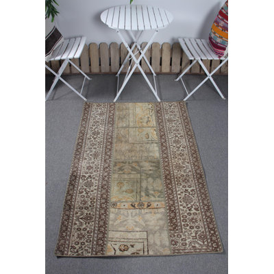 Anatolian Inspired Vintage Small Green Turkish Patchwork Rug with Neutral Oushak Design