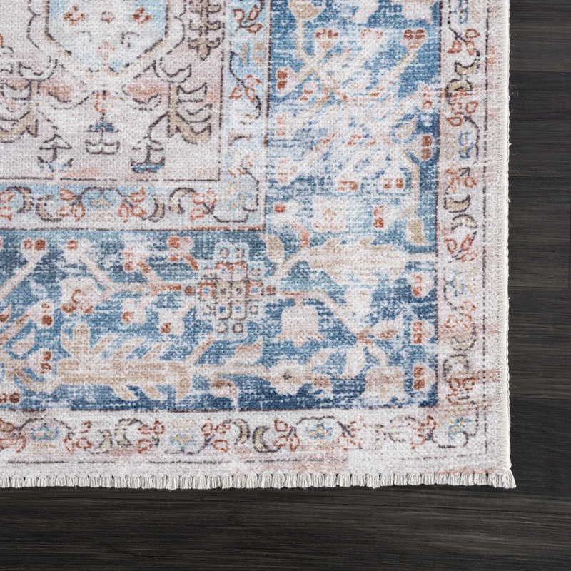 Washable Non-Slip Traditional - Beige / Ocean Blue Rug , Rectangle 3' x 5'