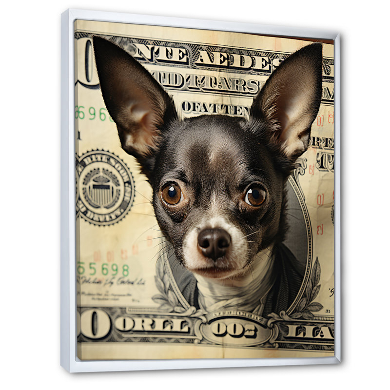 «Little Dog on Dollar Bill» - Impression, Cadre flottant blanc, H 40 po x l 30 po x P 1,5 po