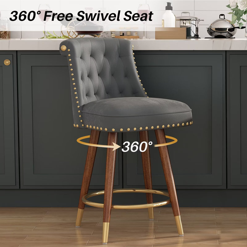 Gray Velvet Upholstered Swivel Counter Stools with Wood Legs, Set of 2
