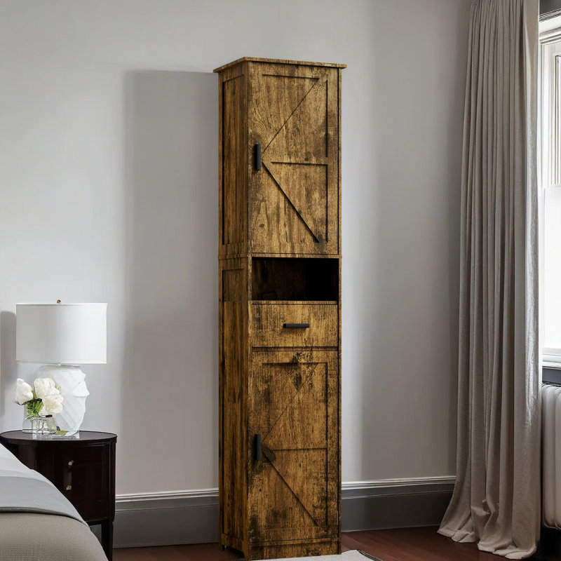 Armoire de rangement de 69 po de hauteur avec 2 portes de grange et 1 tiroir, unité de rangement étroite, tablettes réglables, armoire de plancher pour la salle de bain, le salon, le vestibule, la cuisine