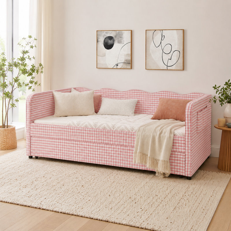 Lit de jour double rembourré Elowavelle de 82 po avec lit gigogne escamotable, tissu vichy et poches de rangement latérales