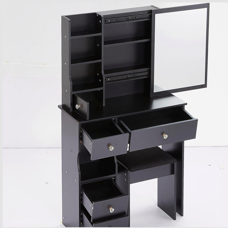 Petit meuble-lavabo de 29,2 po avec tiroir de gauche et tabouret rembourré, très grand miroir coulissant à droite, rangement multi-couches à grande capacité, commode pratique et pratique, convient aux petits espaces