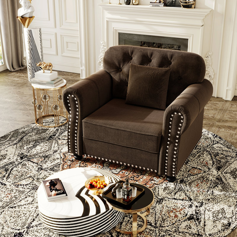 Chaise rembourrée avec garniture cloutée, fauteuil Chesterfield capitonné, 1 oreiller, Velours brun, Non