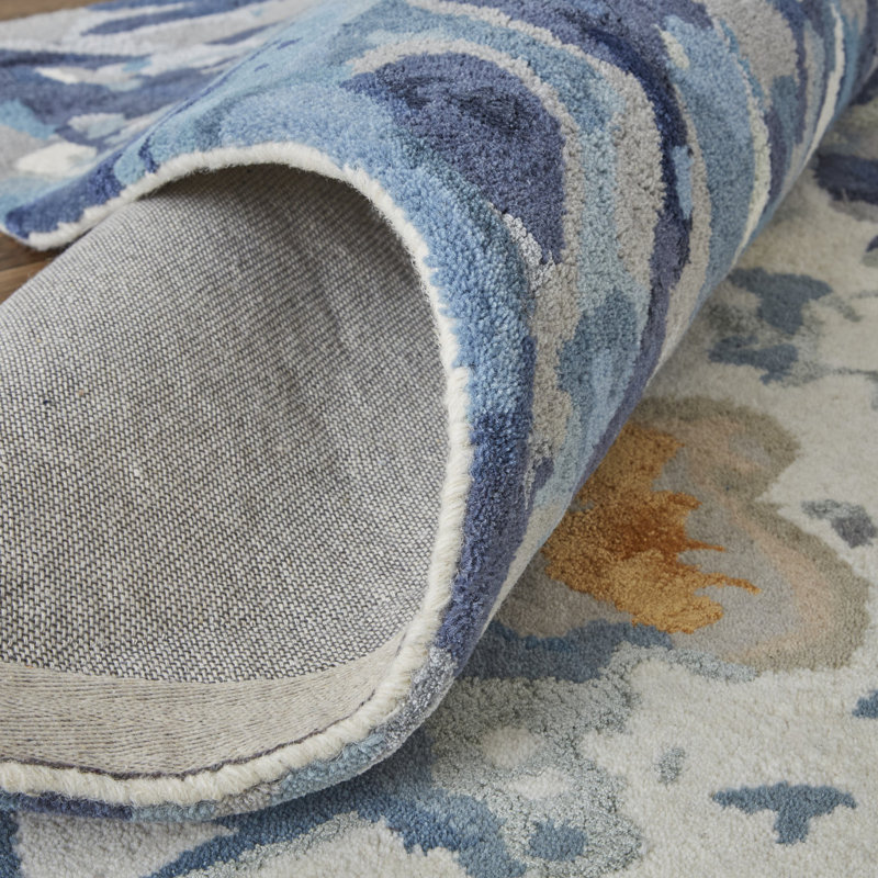 Tapis floral touffeté à la main 4 pi x 6 pi en laine bleu