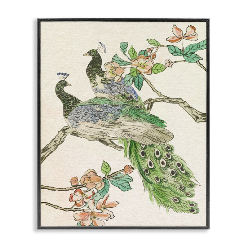 Paon perché sur une branche, estampe numérique de Melissa Wang, Giclée encadrée noir minuit, H 20 po x l 16 po