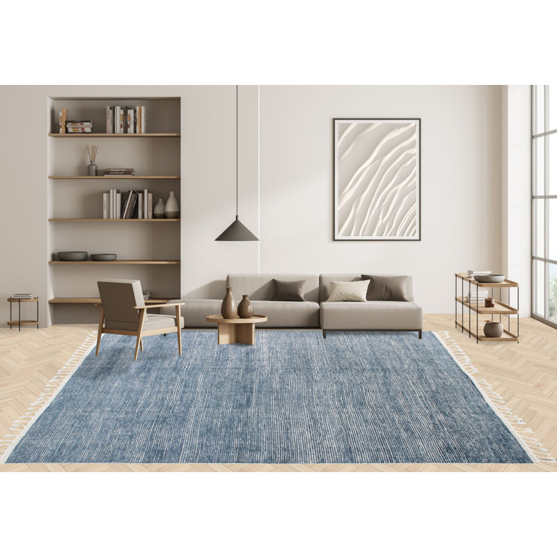 Wool Area Rug in Blue/Ivory, Rectangle 8' x 10'