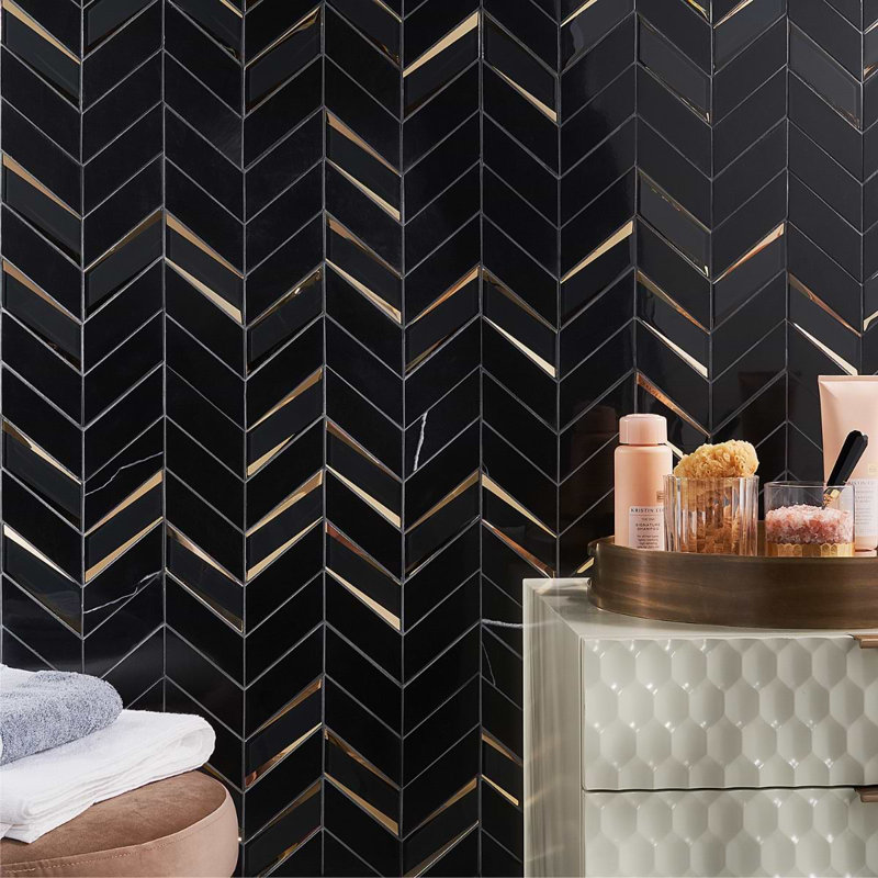 Kasol 11x13 Chevron Polished Marble and Mirrorerd Glass Mosaic Tile