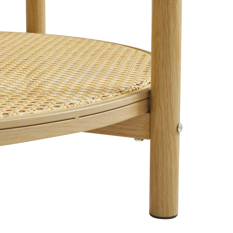 2-layer Natural Rattan Coffee Table Metal Legs, 22" Round Side Table With Water-wave Tempered Glass Top