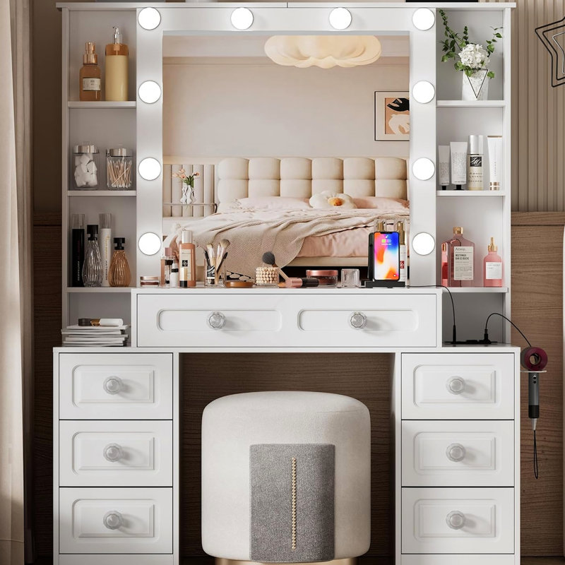 Makeup Table, Mirror, Lights, Glass Top, Drawers, Open Shelves, Charging, Bedroom Dressing Table With 7 Ports, Brightness Control And Hair Dryer Holder For