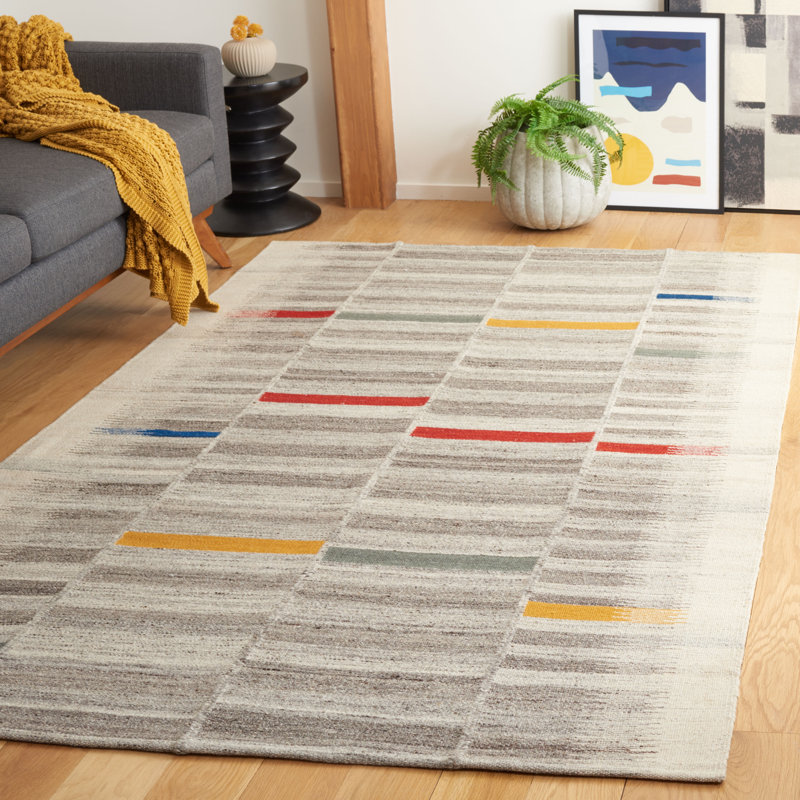 Kilim Flatweave Wool Cotton Abstract Rug in Ivory/Gray, Rectangle 5' x 8'
