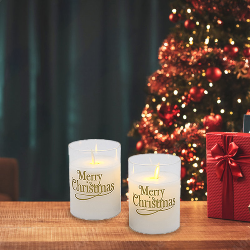 Bougies en verre DEL à piles avec flamme vacillante et joyeux Noël - 2 pièces