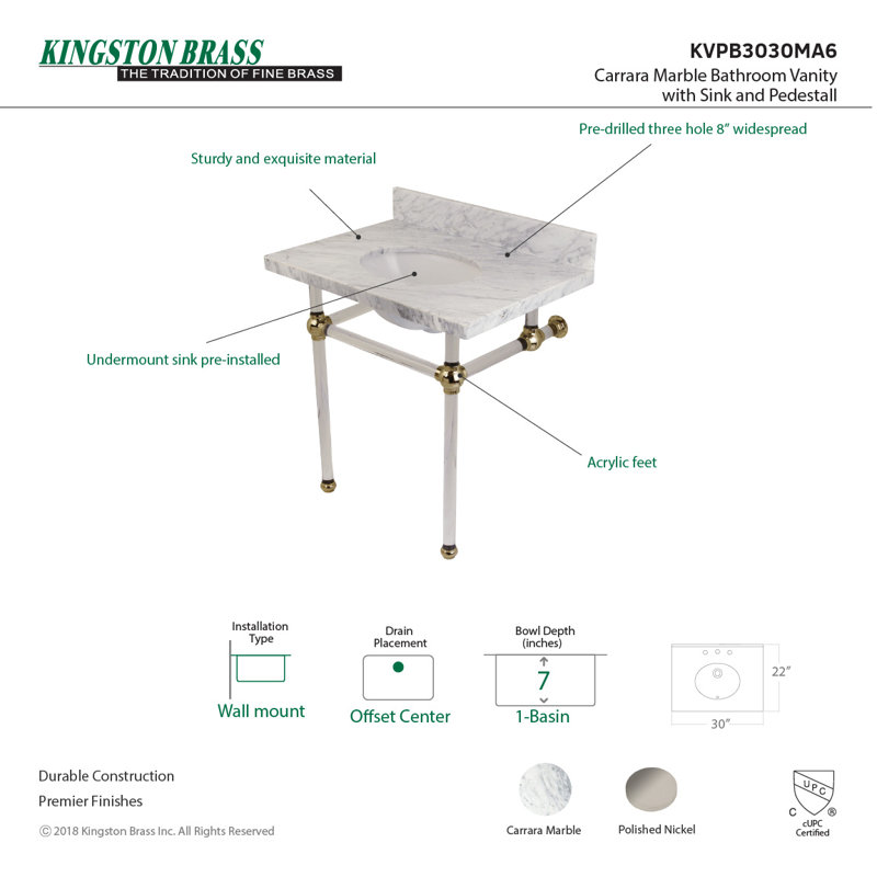 Kingston Brass Templeton 30-Inch Vanity Top with Clear Acrylic Legs (8-Inch, 3-Hole), Carrara Marble/Polished Nickel