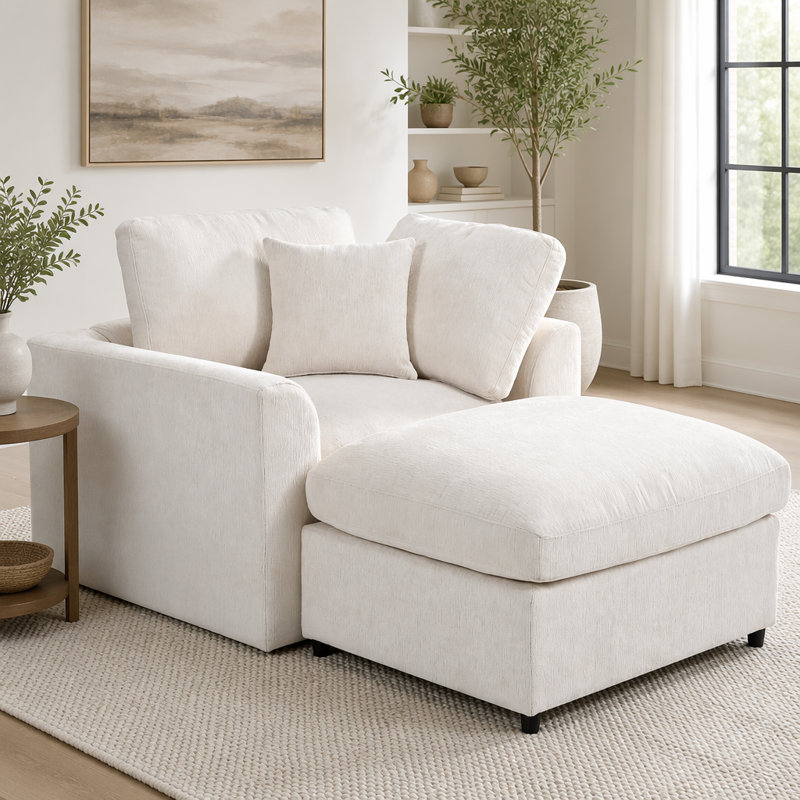 Ensemble de méridienne moderne avec tissu en chenille doux, structure en bois massif et repose-pieds, L 44,1 po x P 36,6 po
