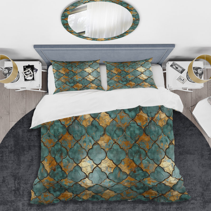 Ensemble de housse de couette Turquoise Metallic Octagon III - Glam, Housse de couette pour grand lit + 2 taies décora