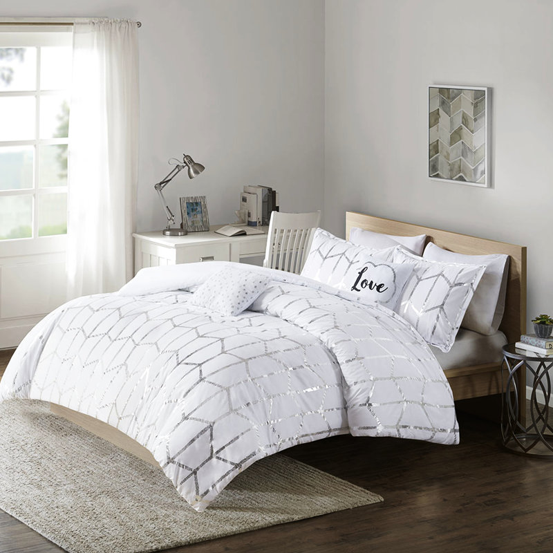 Édredon double / grand imprimé métallique - imprimé géométrique argenté sur fond blanc, microfibre douce, 2 taies décoratives, coussins décoratifs, style moderne pliable