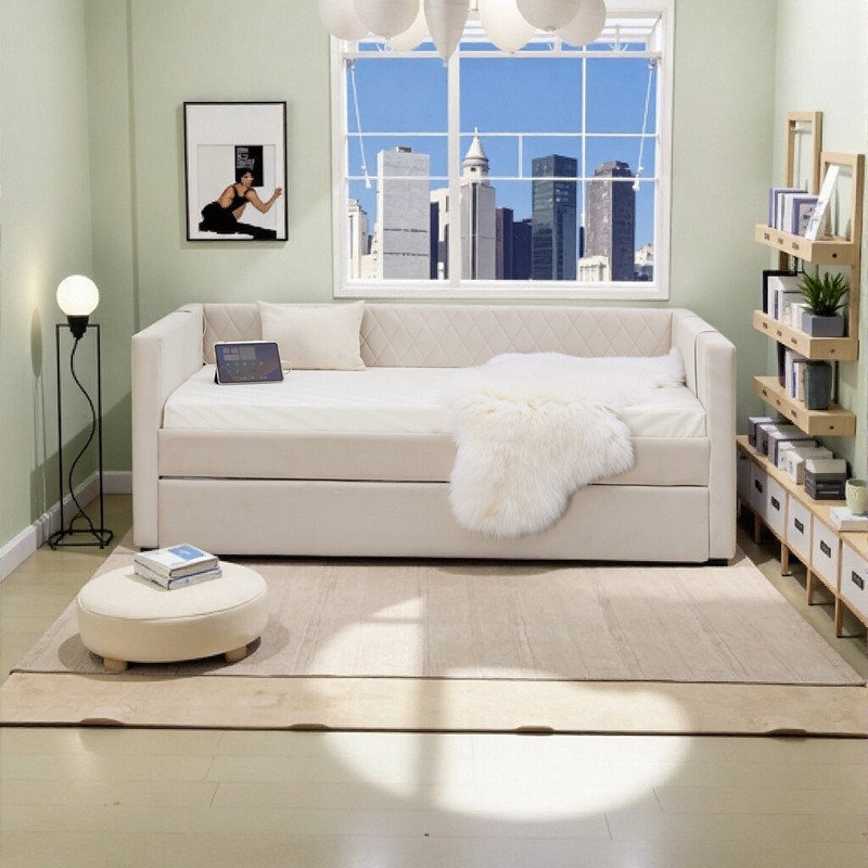 Lit de jour simple en velours avec couchette, canapé-lit capitonné à losanges moderne, Beige