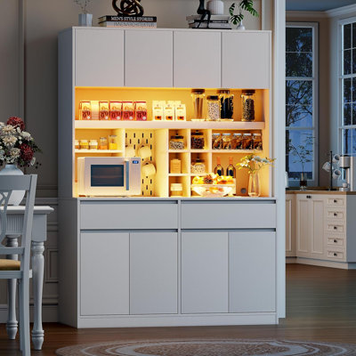 71" Tall Kitchen Pantry Storage Cabinet, Kitchen Hutch With Charging Station & LED Light, Buffet Cabinet With Microwave Stand, Farmhouse Food Pantry With Drawers For Dining, Living Room, White