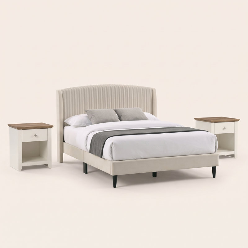 Ensemble de chambre à coucher Catherine 3 pièces, Beige / ivoire / chêne noueux, 3 Pcs: Bed, 2 Nightstands, Full / Double
