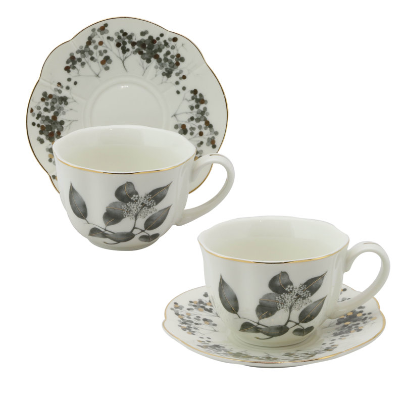 Black Leave Porcelain Teacup and Saucer
