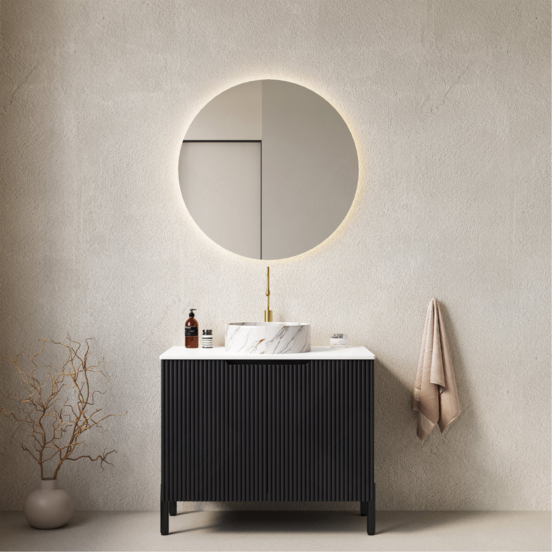 Meuble-lavabo 30 po avec lavabo 30 po avec 2 portes, lavabo rond en céramique blanc avec motif de pierre et comptoir blanc, sans robinet, noir