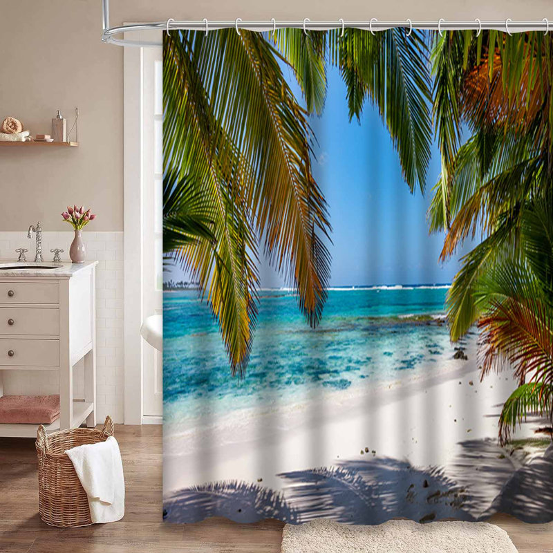 Rideau de douche imperméable avec 12 crochets Island Palm, L 72 po x l 78 po